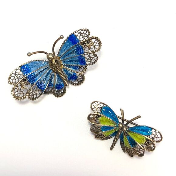 Vintage Silver Enamel Butterfly Brooch Guilloche Filigree Pin Set (2) - Picture 6 of 9